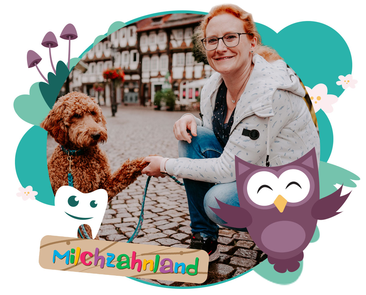 Therapiehund Luna gibt Frau Zimmer-Mildner, Zahnärztin in Einbeck, ihr Pfötchen