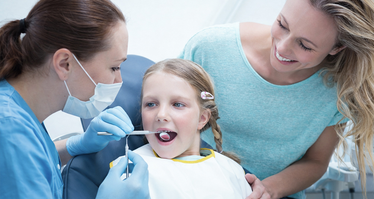 Kind bei der Zahnkontrolle mit Mutter in einer familienfreundlichen Zahnarztpraxis